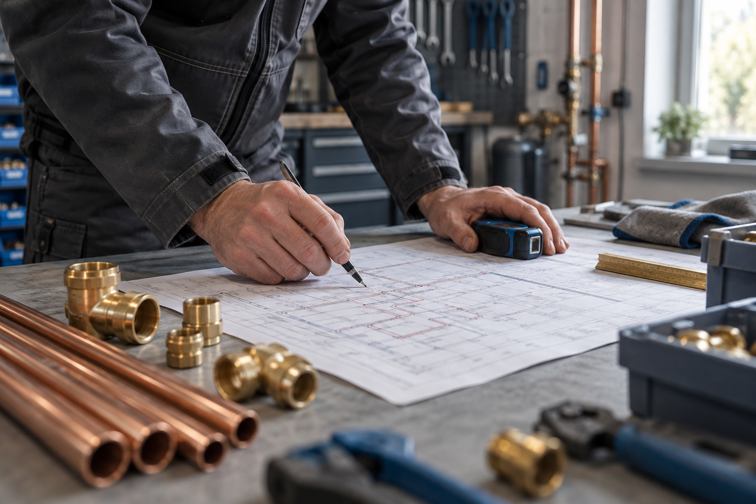 Planung einer Heizungsinstallation mit Zeichnung und Rohrfittings in der Werkstatt